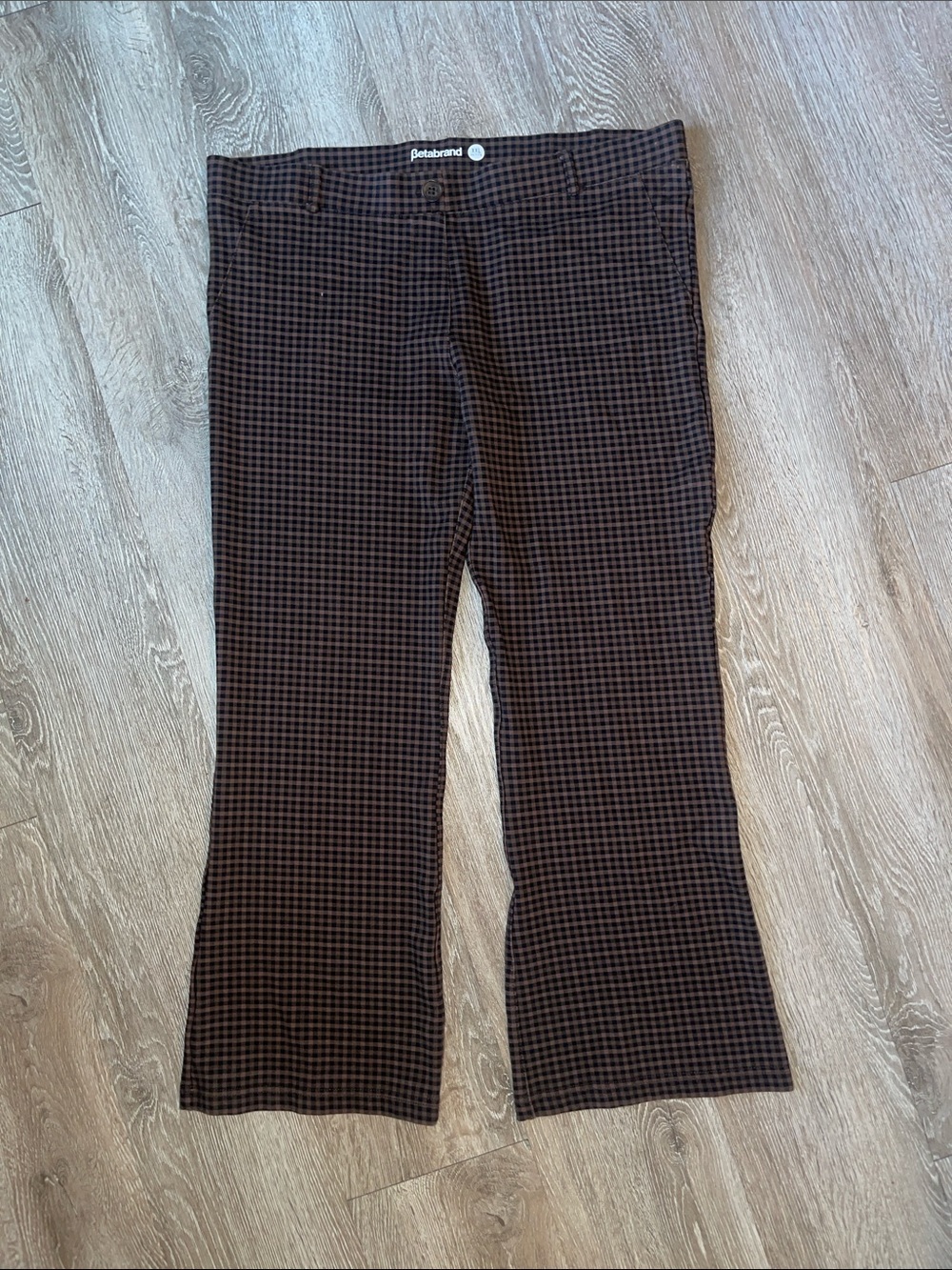 Betabrand Brown Black Checkered pull on stretchy bootcut pants casual business